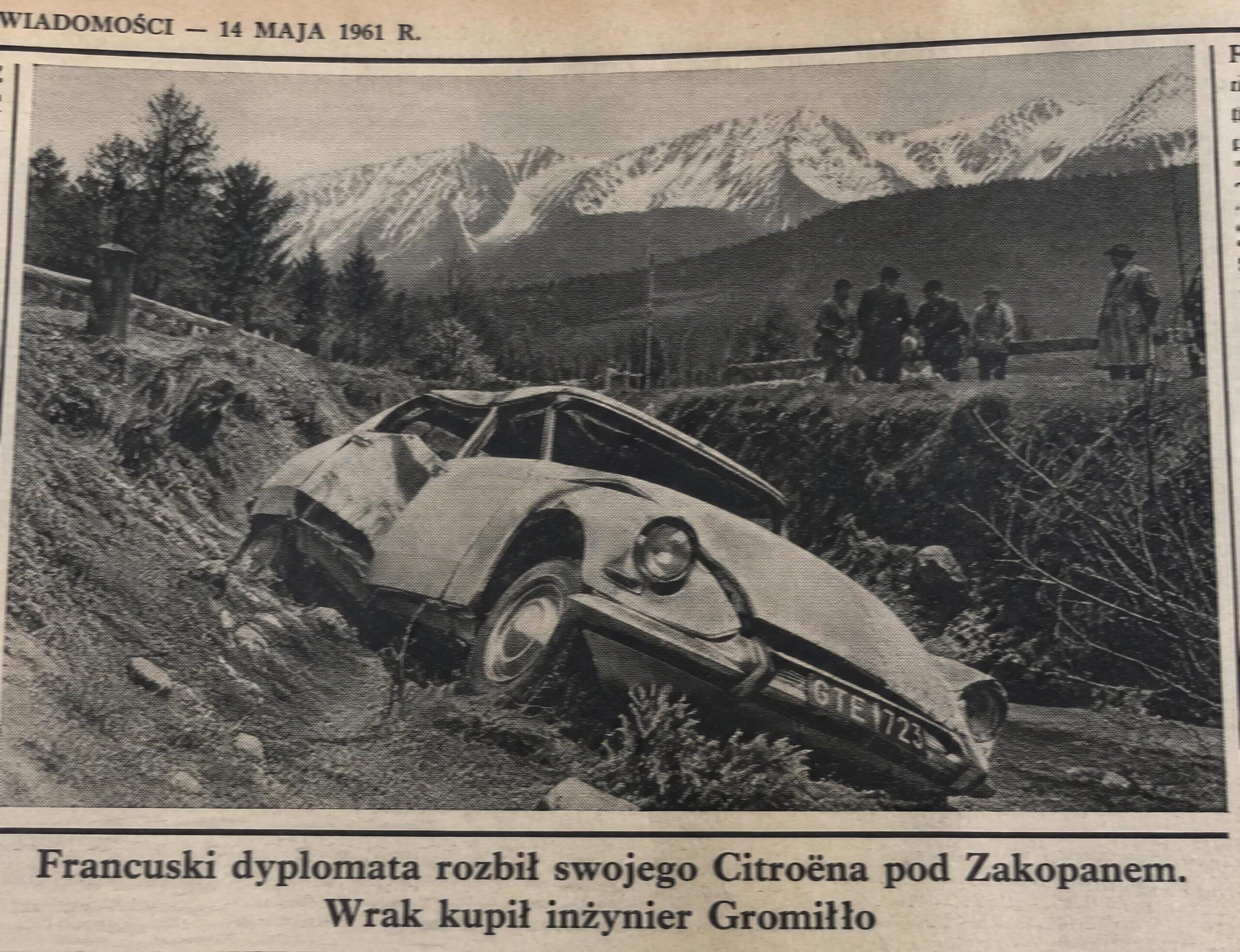 Rozbity Citroën DS spod Zakopanego - fikcyjna informacja w gazecie lokalnej