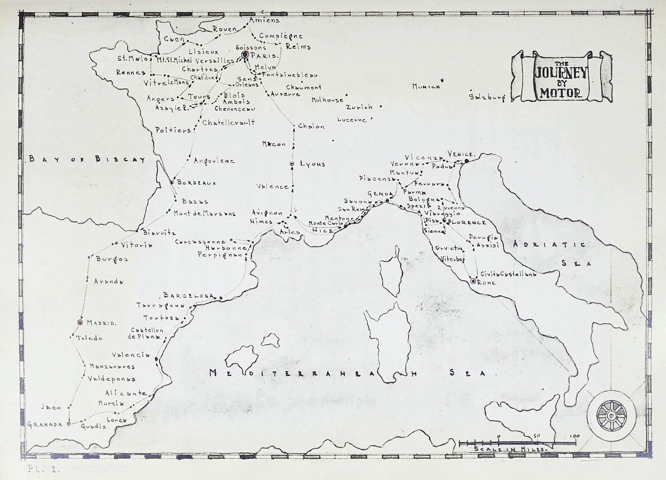 Odręczna mapa samochodowej części wyprawy. Kropkowana linia pokazuje trasę przez Francję, Hiszpanię i Włochy. Źródło: St. Louis Public Library.